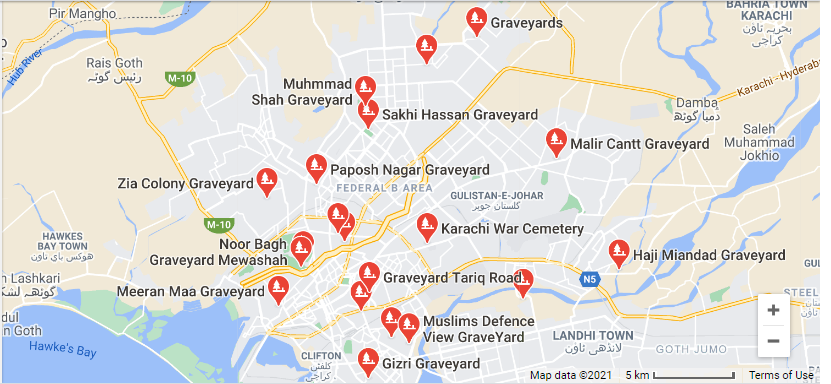 Rich results on Google SERP when searching for 'Graveyards in Karachi'